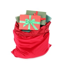 Photo of Santa Claus bag full of presents isolated on white