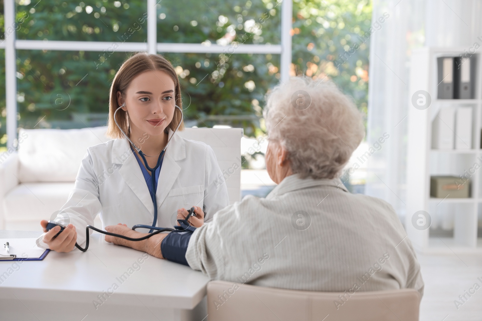 Photo of Doctor measuring patient's blood pressure at table in hospital