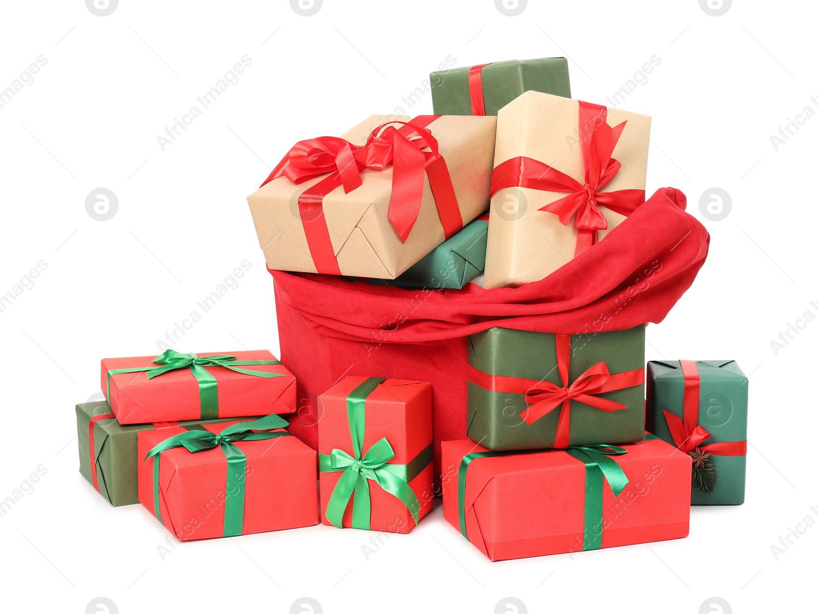 Photo of Santa Claus bag full of presents isolated on white