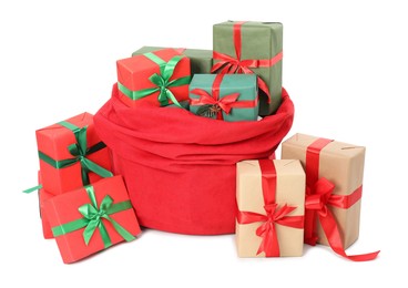 Photo of Santa Claus bag full of presents isolated on white