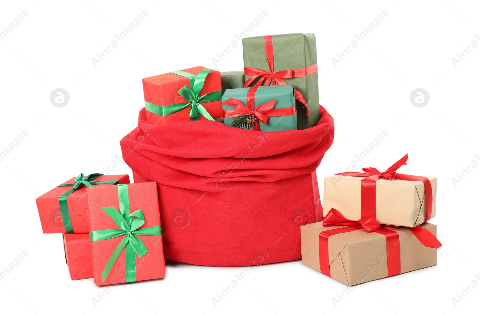 Photo of Santa Claus bag full of presents isolated on white