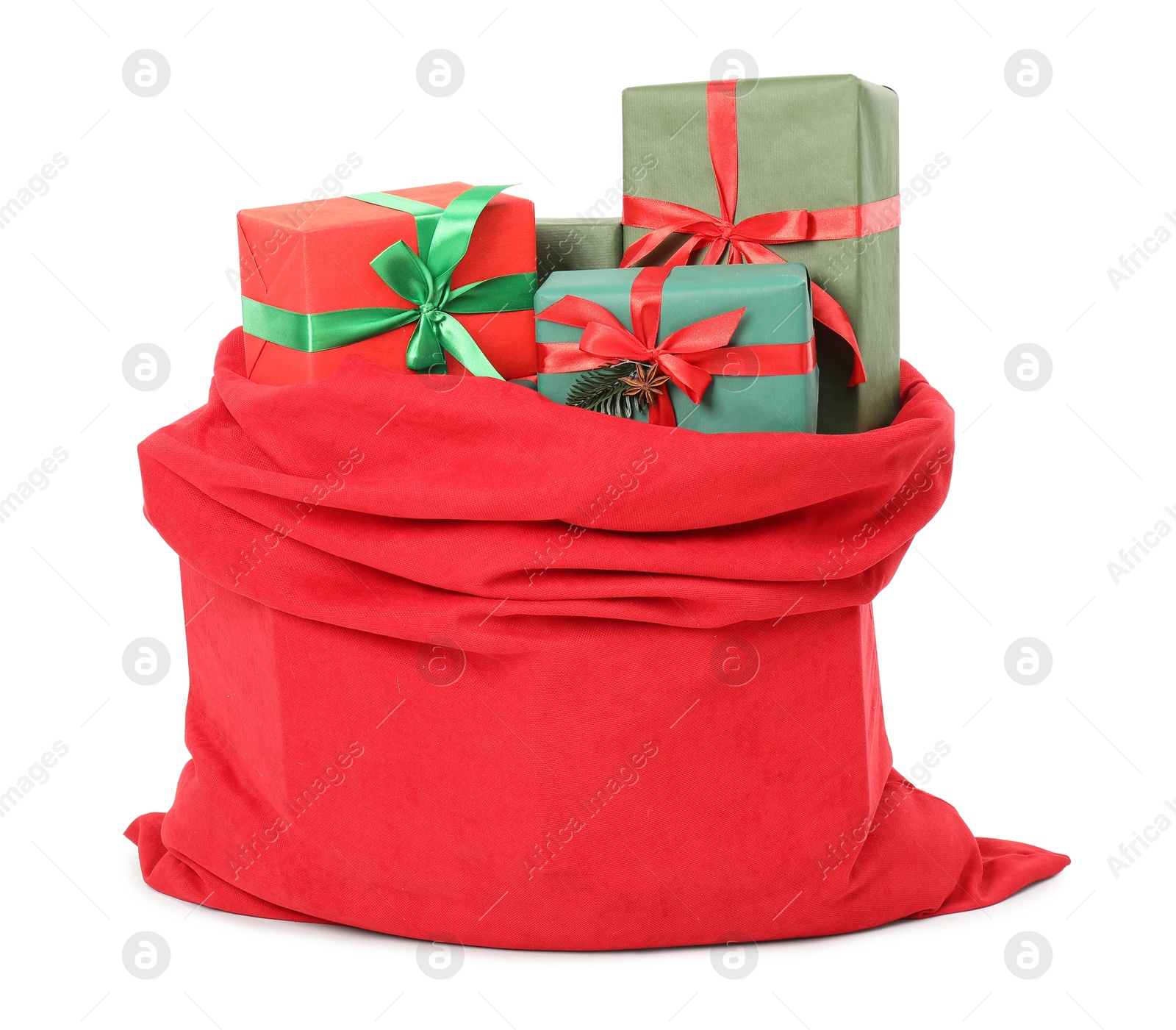 Photo of Santa Claus bag full of presents isolated on white