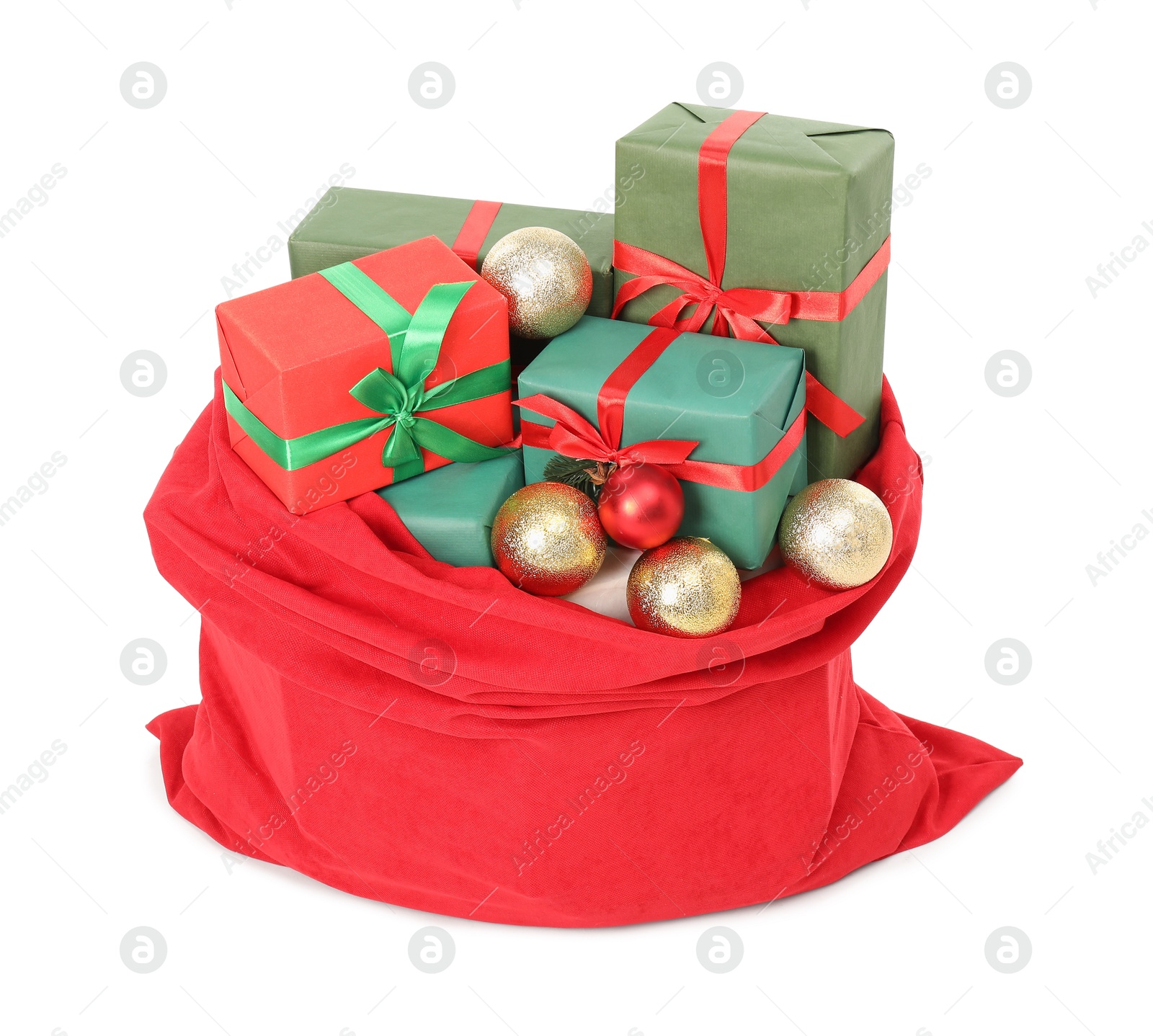 Photo of Santa Claus bag full of presents and decorative balls isolated on white