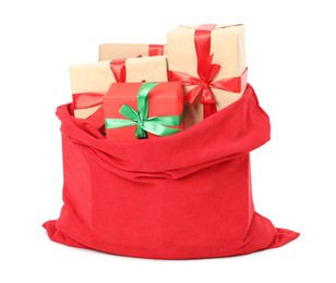 Photo of Santa Claus bag full of presents isolated on white