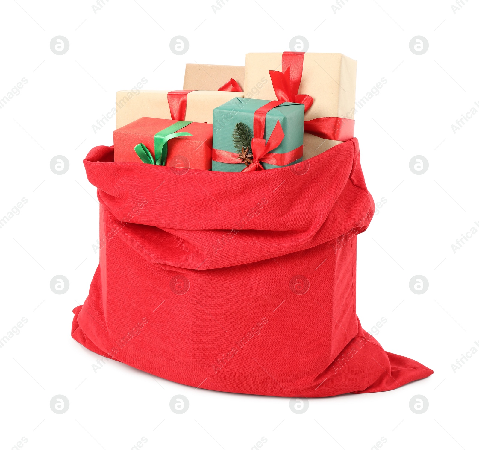 Photo of Santa Claus bag full of presents isolated on white