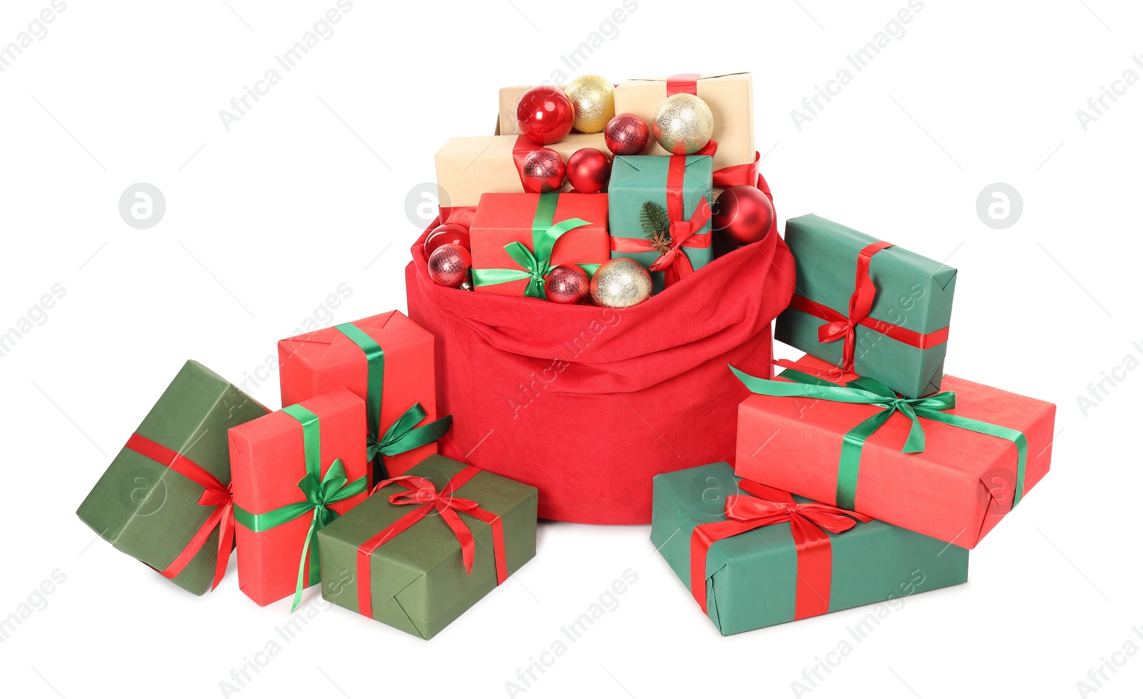 Photo of Santa Claus bag full of presents and decorative balls isolated on white