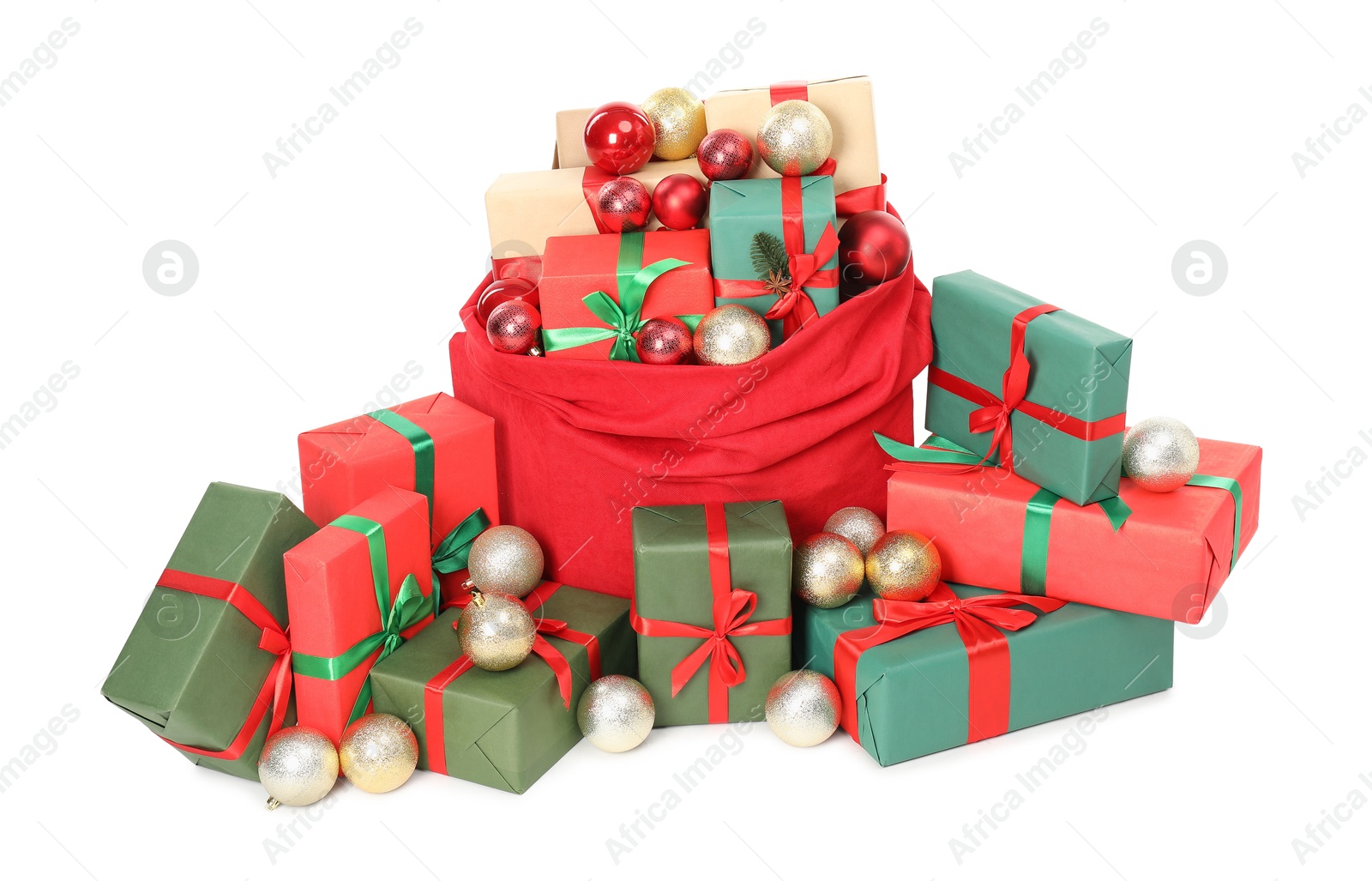 Photo of Santa Claus bag full of presents and decorative balls isolated on white