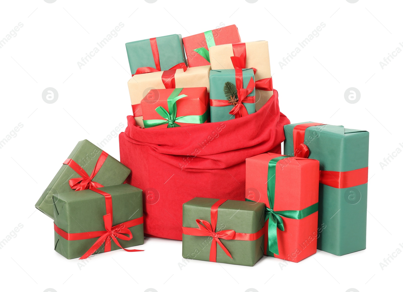 Photo of Santa Claus bag full of presents isolated on white