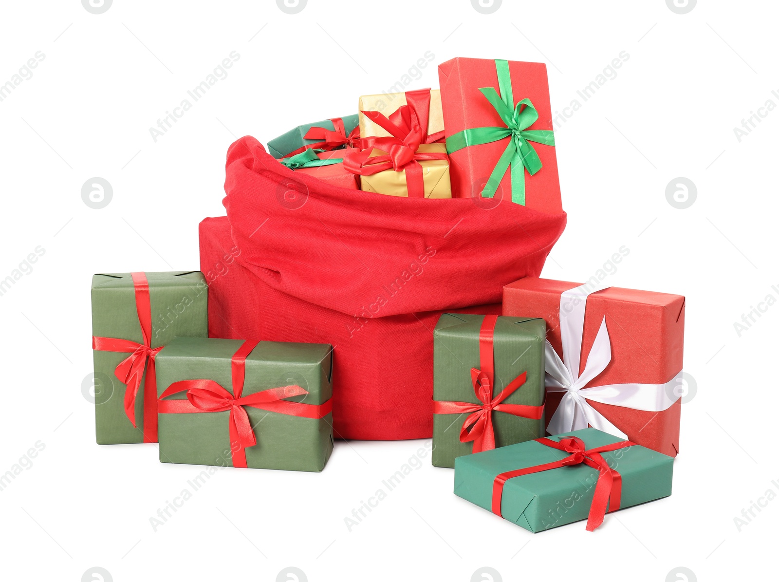 Photo of Santa Claus bag full of presents isolated on white