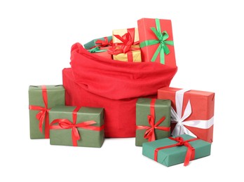 Photo of Santa Claus bag full of presents isolated on white