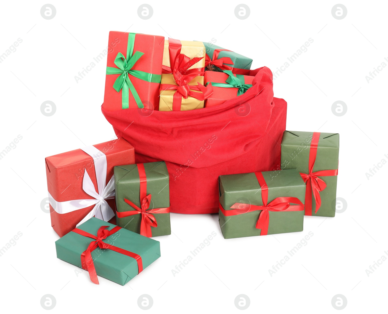 Photo of Santa Claus bag full of presents isolated on white