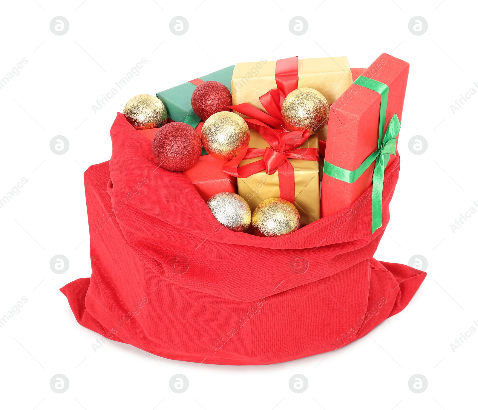 Photo of Santa Claus bag full of presents and decorative balls isolated on white