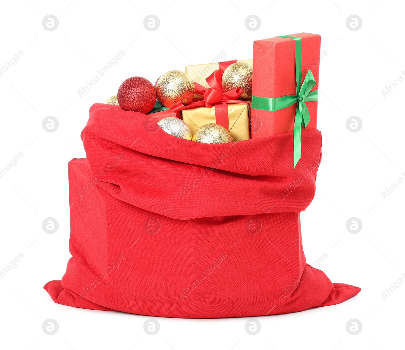 Photo of Santa Claus bag full of presents and decorative balls isolated on white