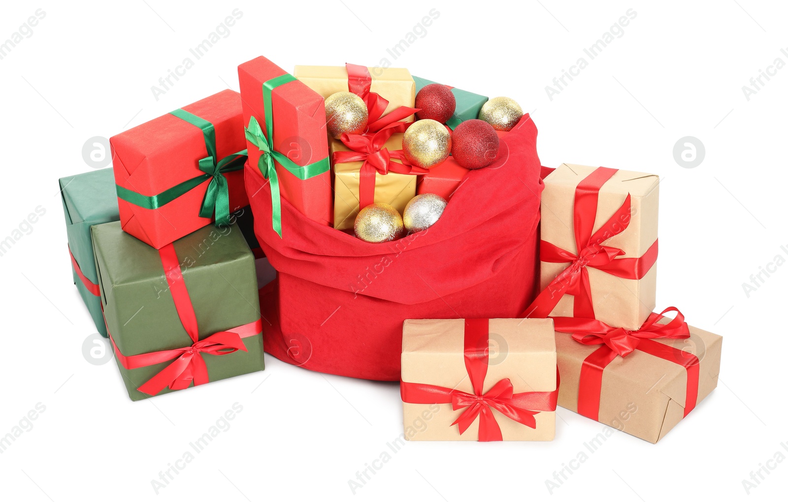 Photo of Santa Claus bag full of presents and decorative balls isolated on white