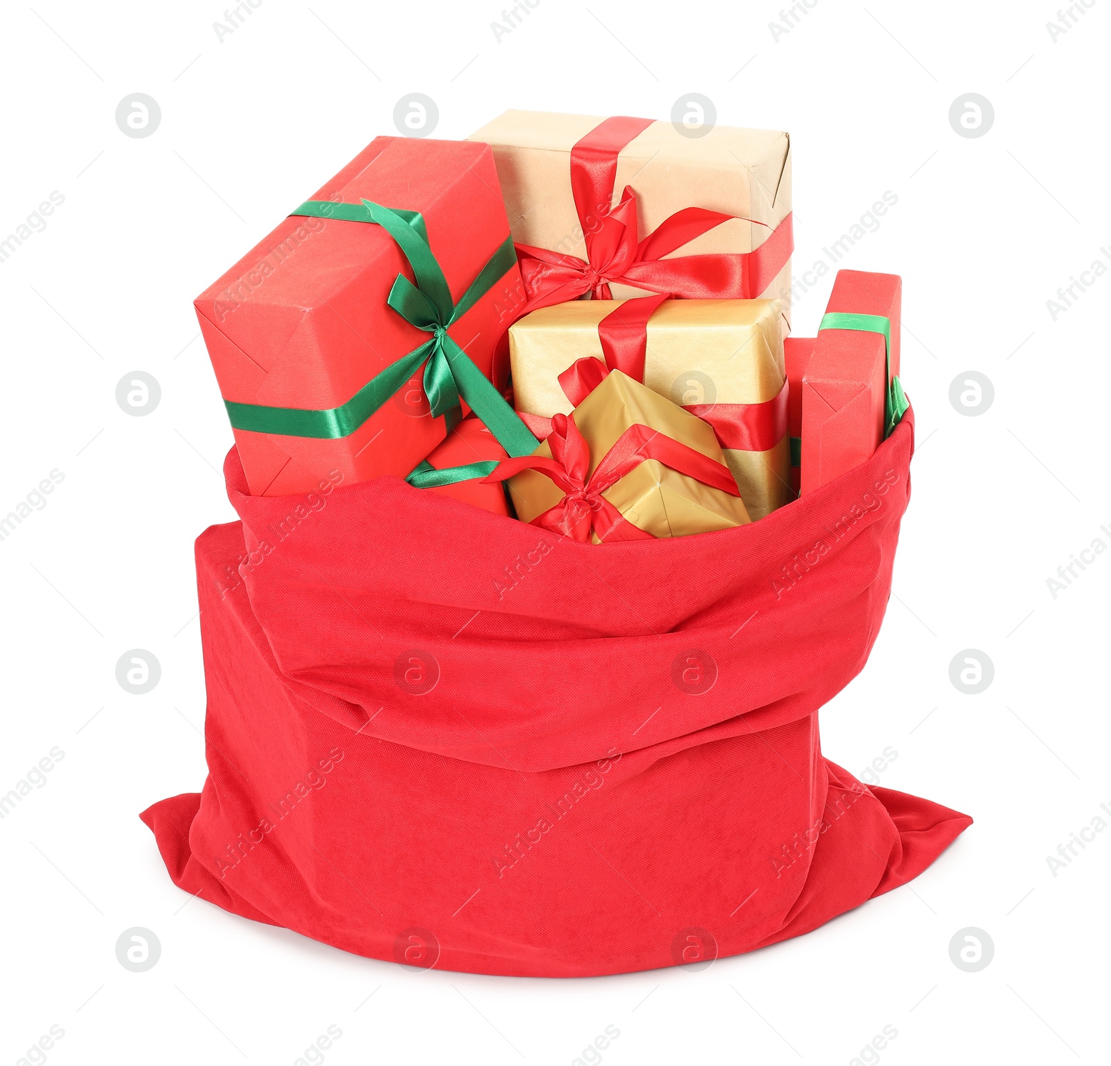 Photo of Santa Claus bag full of presents isolated on white