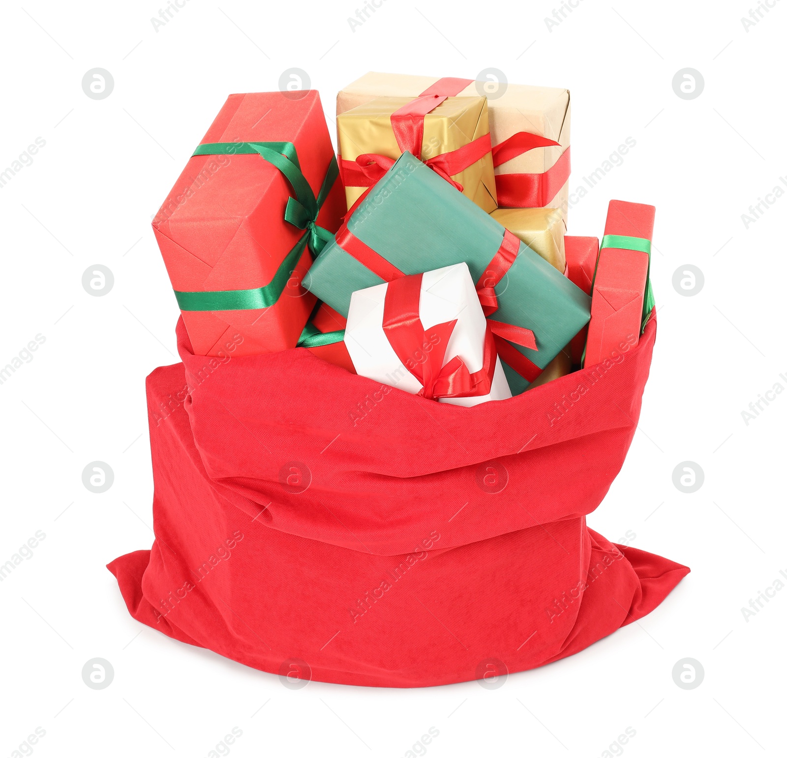 Photo of Santa Claus bag full of presents isolated on white