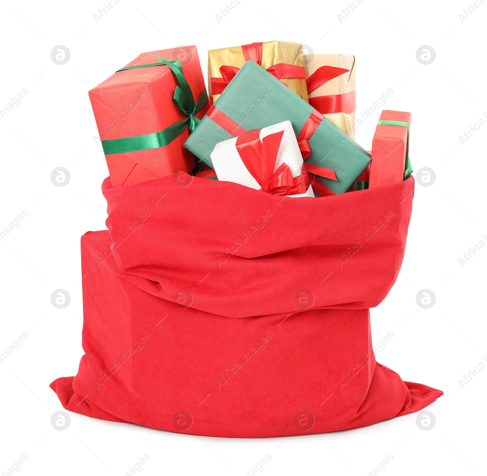 Photo of Santa Claus bag full of presents isolated on white