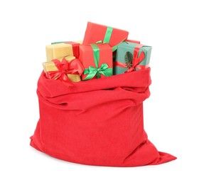 Photo of Santa Claus bag full of presents isolated on white