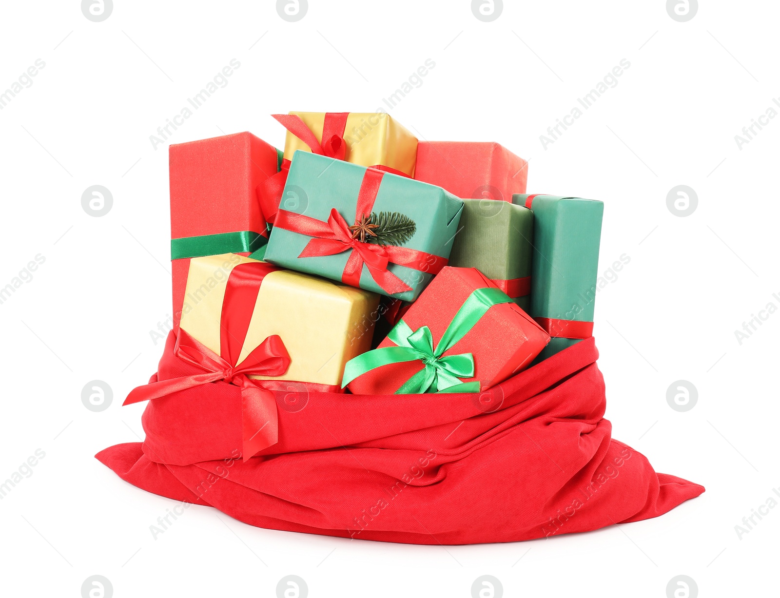 Photo of Santa Claus bag full of presents isolated on white