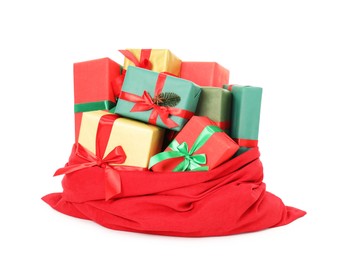 Photo of Santa Claus bag full of presents isolated on white