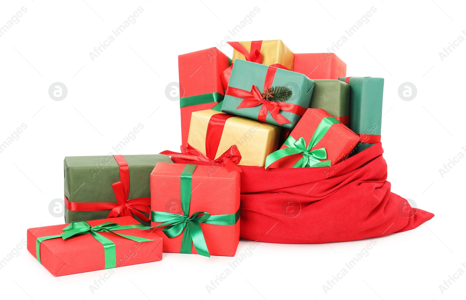 Photo of Santa Claus bag full of presents isolated on white