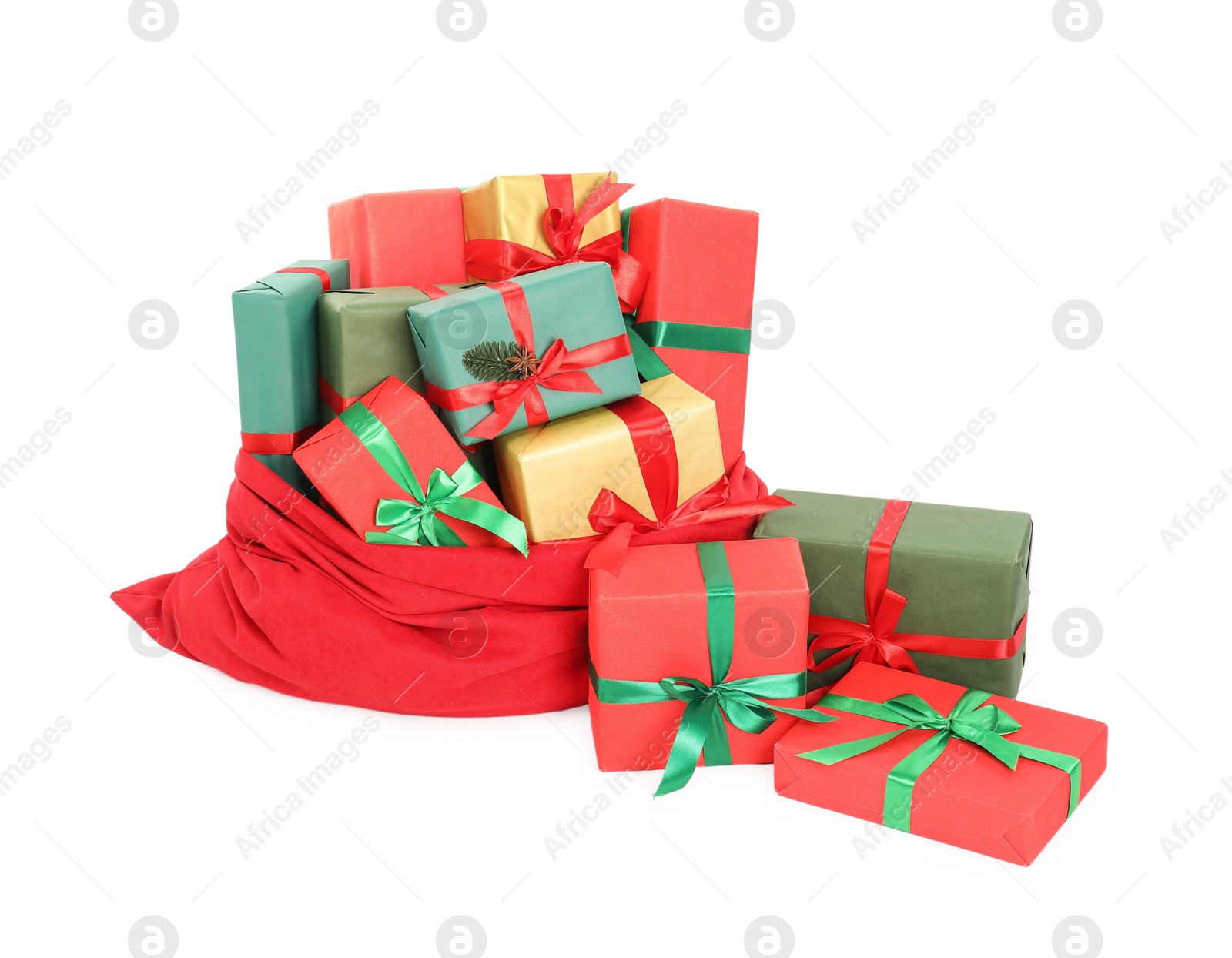 Photo of Santa Claus bag full of presents isolated on white