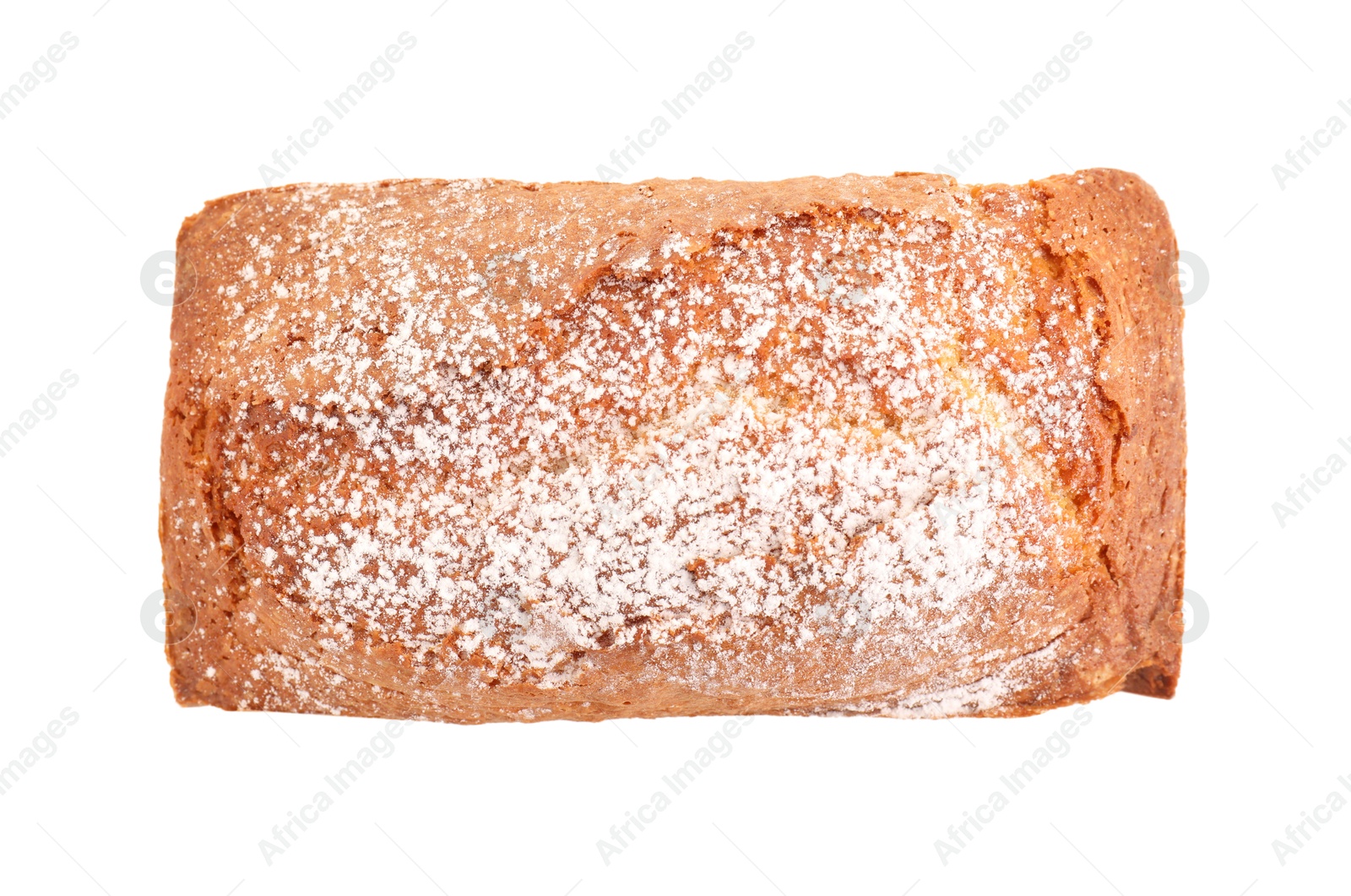 Photo of One tasty sponge cake with powdered sugar isolated on white, top view