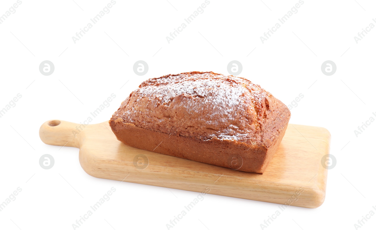 Photo of One tasty sponge cake with powdered sugar isolated on white