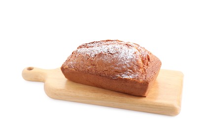 Photo of One tasty sponge cake with powdered sugar isolated on white