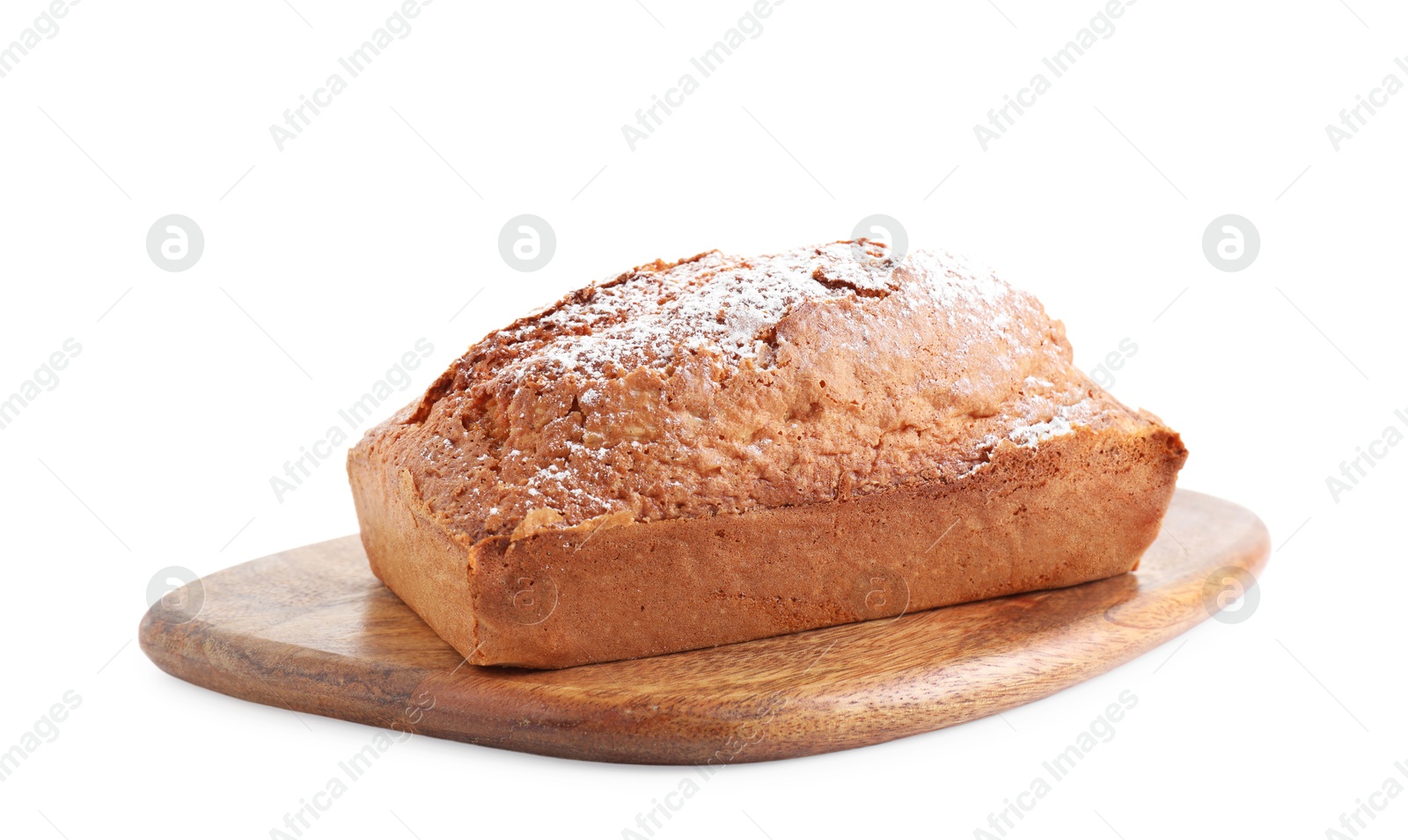 Photo of One tasty sponge cake with powdered sugar isolated on white