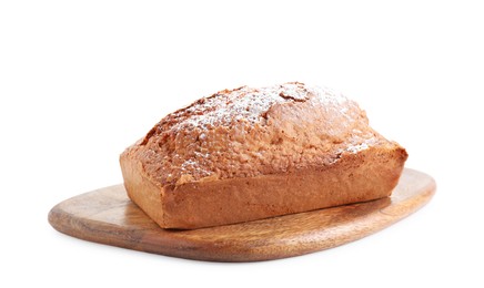 Photo of One tasty sponge cake with powdered sugar isolated on white