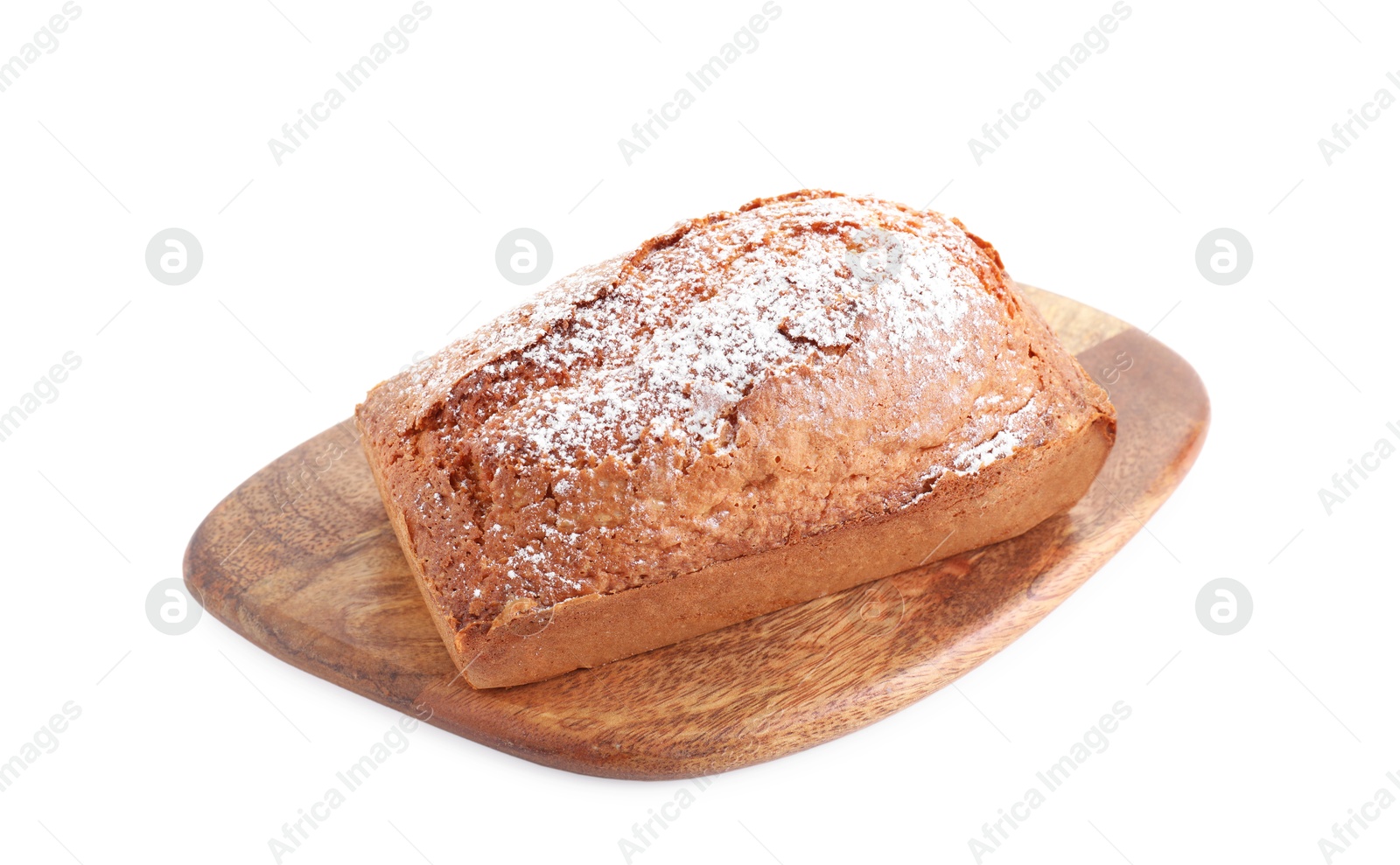 Photo of One tasty sponge cake with powdered sugar isolated on white