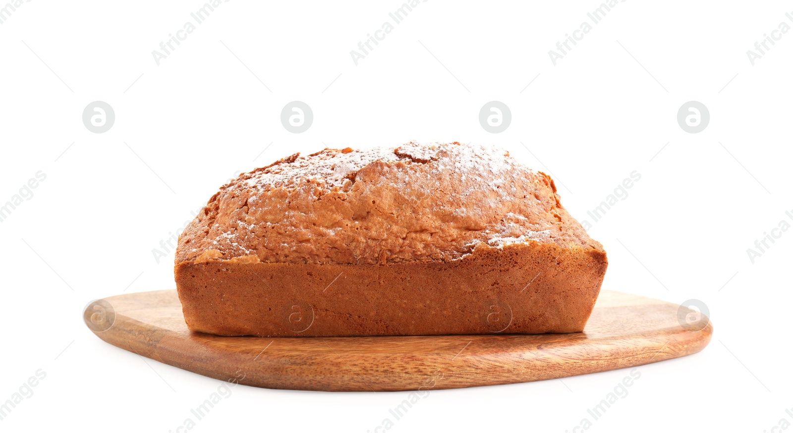 Photo of One tasty sponge cake with powdered sugar isolated on white