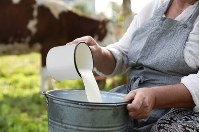 Photo of Senior woman pouring fresh milk into bucket outdoors, closeup