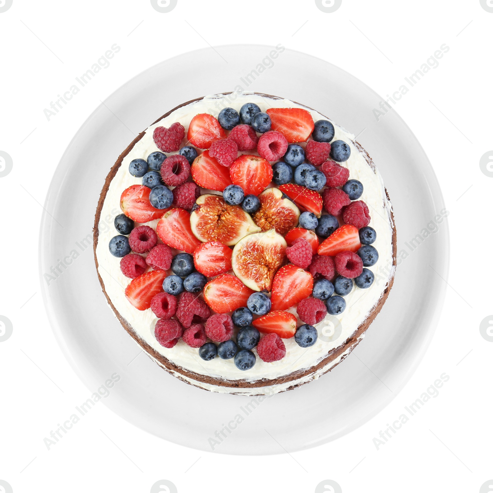 Photo of Delicious chocolate sponge cake with berries isolated on white, top view