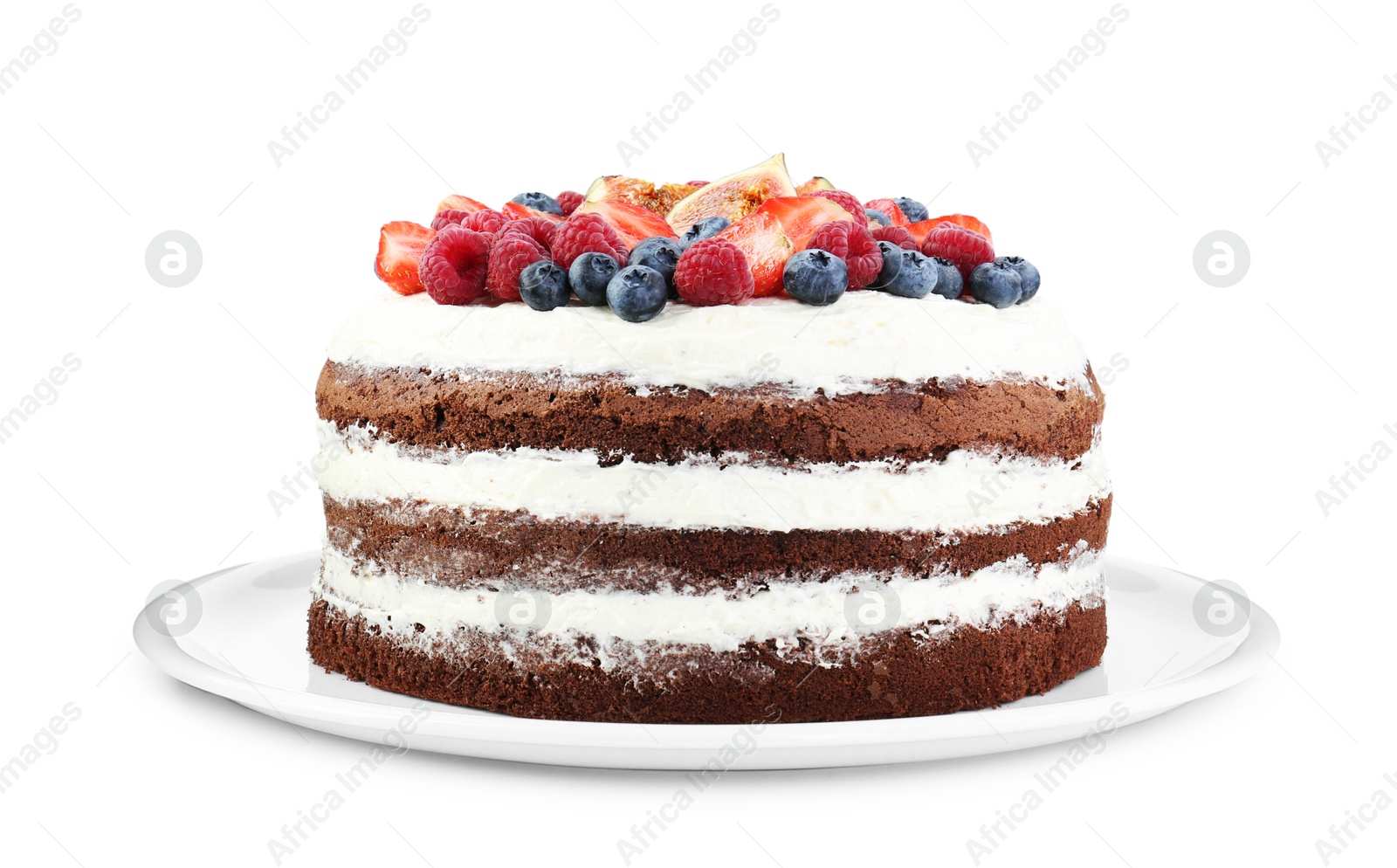 Photo of Delicious chocolate sponge cake with berries isolated on white