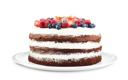 Photo of Delicious chocolate sponge cake with berries isolated on white