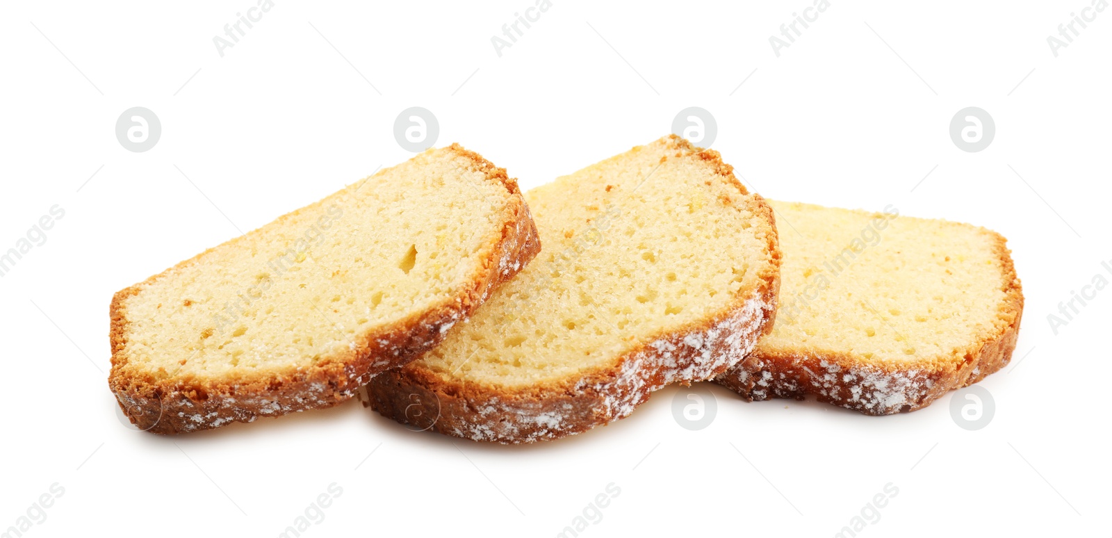 Photo of Slices of freshly baked sponge cake isolated on white