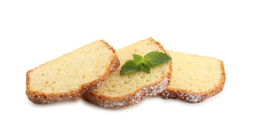 Photo of Slices of freshly baked sponge cake isolated on white