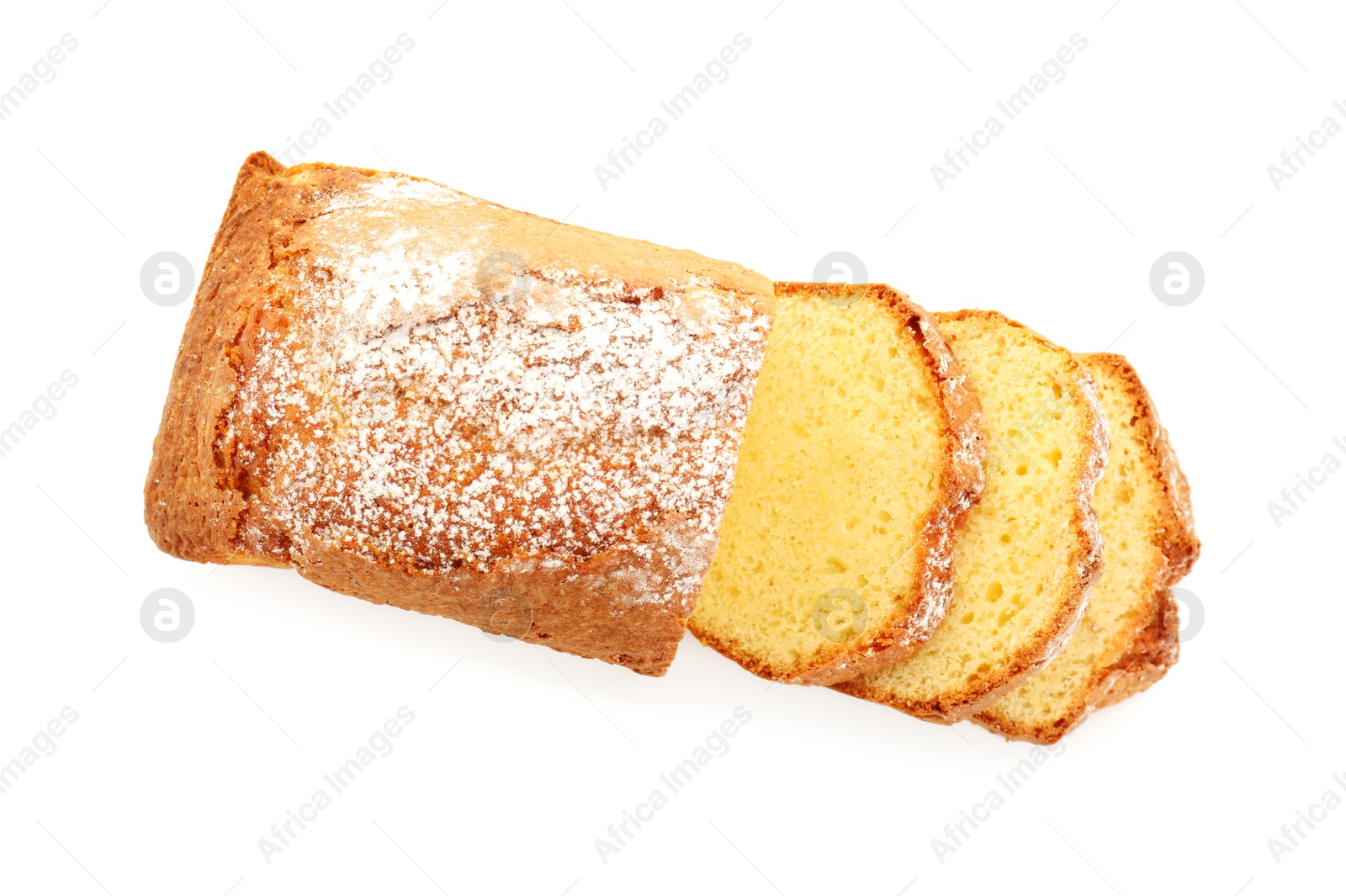 Photo of Freshly baked sponge cake isolated on white, top view