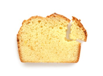 Photo of Slice of freshly baked sponge cake isolated on white, top view