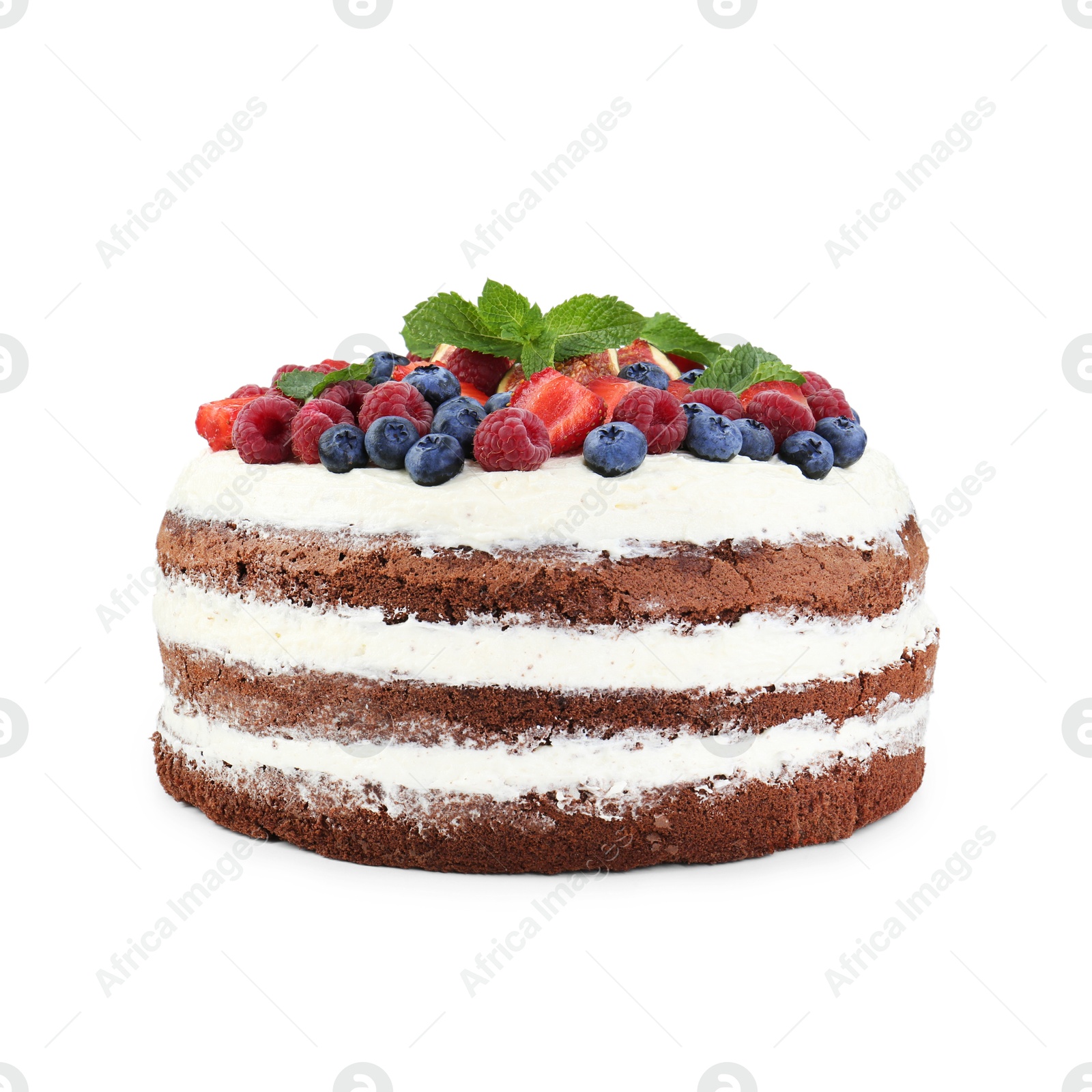 Photo of Delicious chocolate sponge cake with berries isolated white