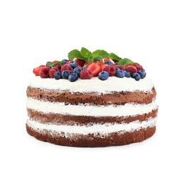 Photo of Delicious chocolate sponge cake with berries isolated white