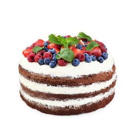 Delicious chocolate sponge cake with berries isolated white