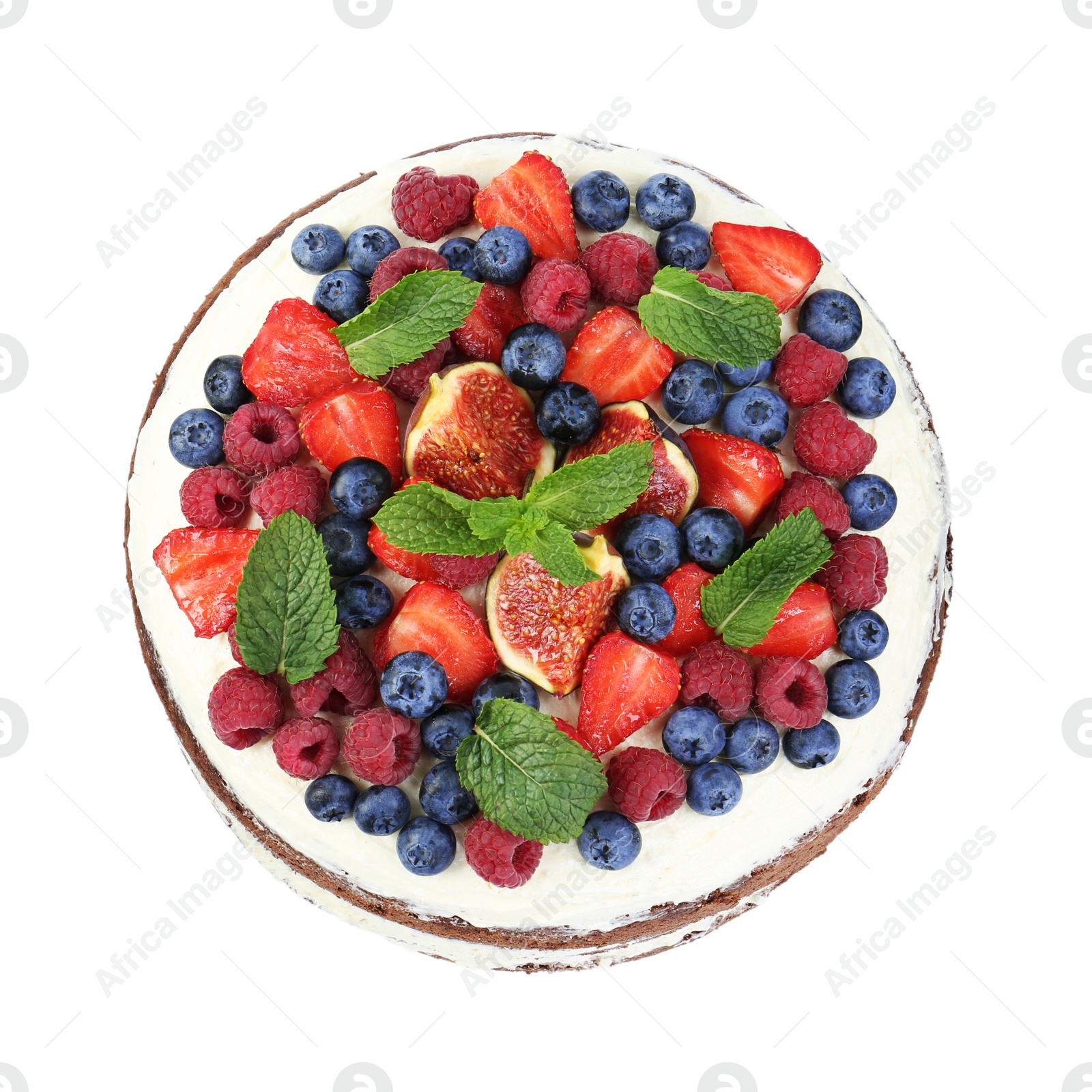 Photo of Delicious chocolate sponge cake with berries isolated white, top view