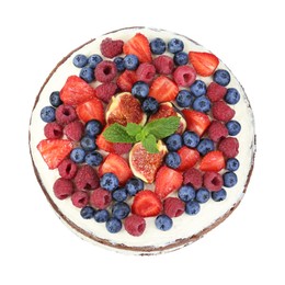 Delicious chocolate sponge cake with berries isolated white, top view