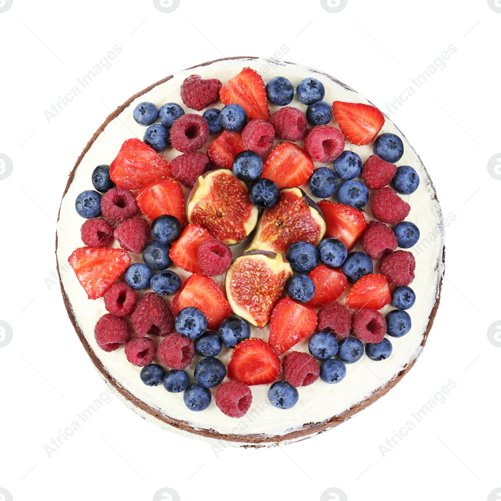 Photo of Delicious chocolate sponge cake with berries isolated white, top view