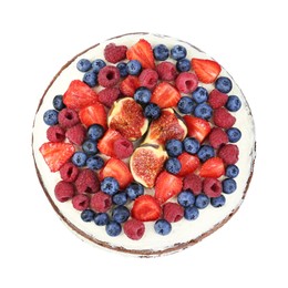 Photo of Delicious chocolate sponge cake with berries isolated white, top view