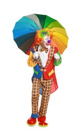 Photo of Happy clown with colorful umbrella on white background