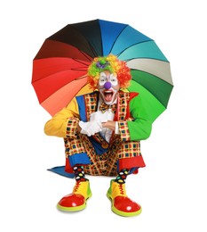 Emotional clown with colorful umbrella on white background